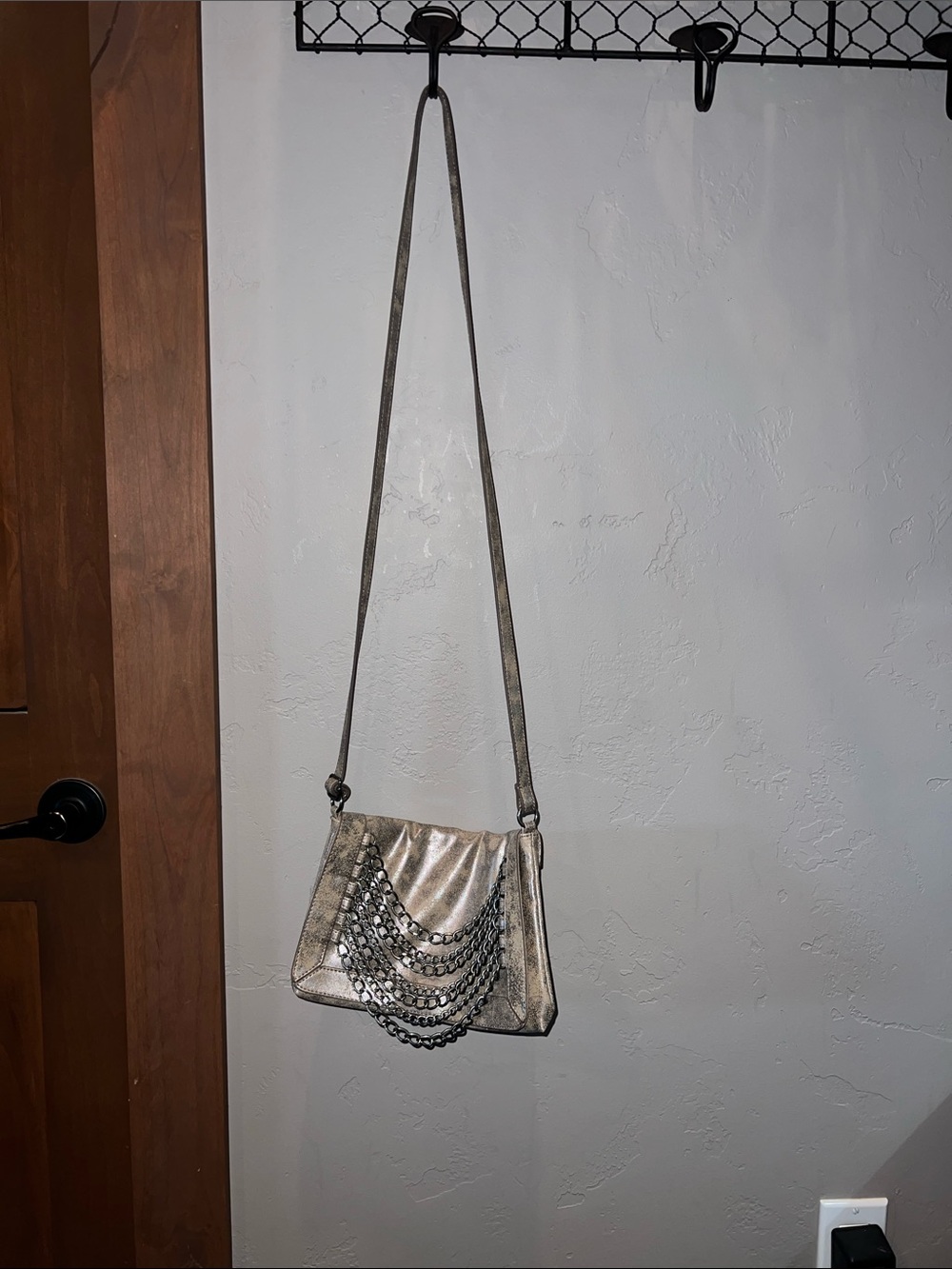 American Eagle Outfitters-Crossbody Purse w/ Chain Layered- Metallic Taupe